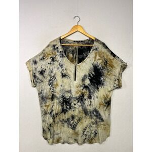 Boho Grunge Coin 1804 Womens 2X Tan Black Tie Dye Zipper Scoop Neck Tunic Top